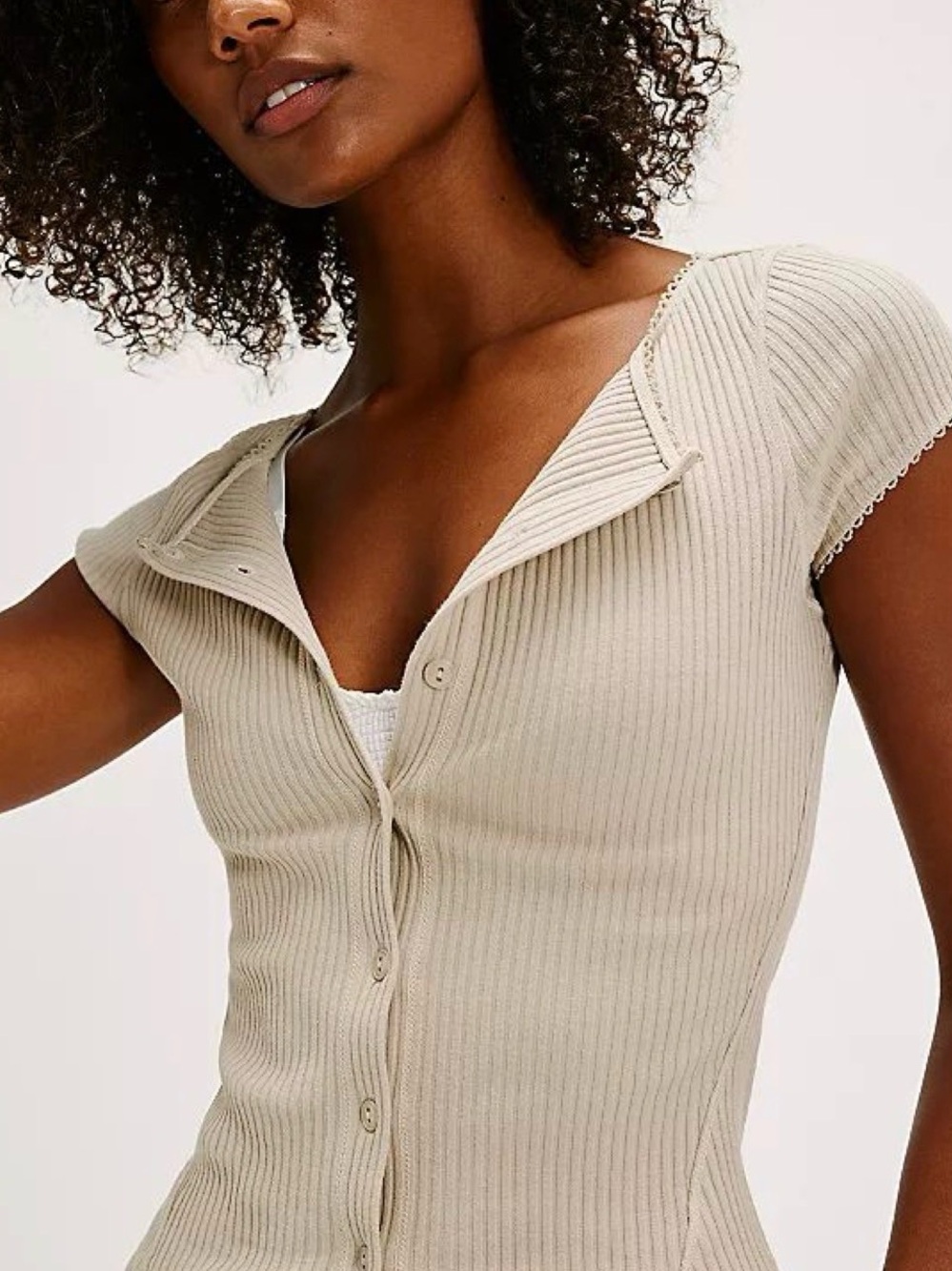 Cap-Sleeve Ribbed Button-Down Top in Light Beige